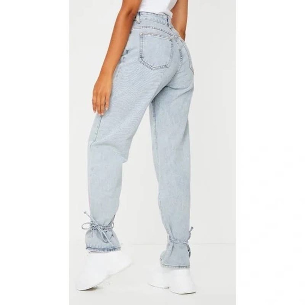NEW PrettyLittleThing Mom Jeans Tie Hem High Rise Straight Leg Mid Blue 6